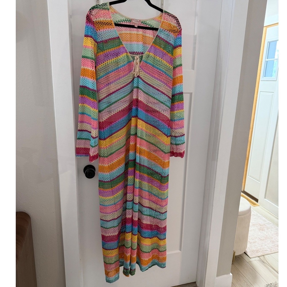 Show Me Your Mumu Vacay Coverup Multi Stripe Crochet Maxi Dress L Boho Beach